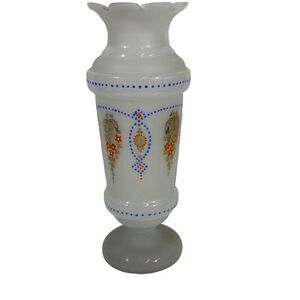 VICTORIAN ANTIQUE BRISTOL GLASS BLUE FLORAL MORIAGE LG 13” VASE 1880-